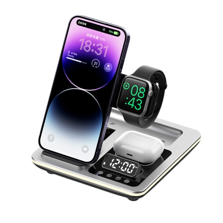 A93 15W 5 in 1 Multifunctional Foldable Wireless Charger Desktop Phone Stand – Magnetic, TPU Silver