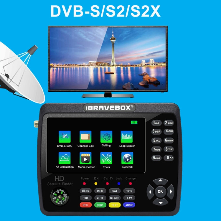 iBRAVEBOX V10 Finder Max 4.3 inch Display Digital Satellite Meter Signal Finder, Support DVB-S/S2/S2X, EU Plug, US Plug, UK Plug, AU Plug – TPU