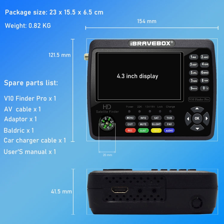 iBRAVEBOX V10 Finder Max 4.3 inch Display Digital Satellite Meter Signal Finder, Support DVB-S/S2/S2X, EU Plug, US Plug, UK Plug, AU Plug – TPU