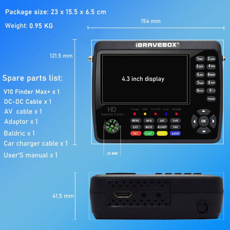 iBRAVEBOX V10 Finder Max+ 4.3 inch Display Digital Satellite Meter Signal Finder, Support DVB-S/S2/S2X AHD, EU Plug, US Plug, UK Plug, AU Plug – TPU