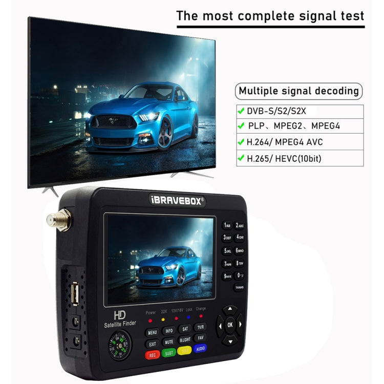 iBRAVEBOX V10 Finder Max+ 4.3 inch Display Digital Satellite Meter Signal Finder, Support DVB-S/S2/S2X AHD, EU Plug, US Plug, UK Plug, AU Plug – TPU