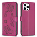 Four-leaf Embossed Leather Phone Case, For iPhone 15 Pro Max, For iPhone 15 Pro, For iPhone 15 Plus, For iPhone 15 For iPhone 15 Pro Max Rose Red