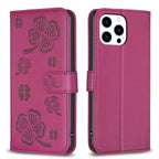 Four-leaf Embossed Leather Phone Case, For iPhone 15 Pro Max, For iPhone 15 Pro, For iPhone 15 Plus, For iPhone 15 For iPhone 15 Pro Max Rose Red