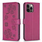 Four-leaf Embossed Leather Phone Case, For iPhone 12 / 12 Pro, For iPhone 12 Pro Max, For iPhone 11 Pro Max, For iPhone 11 For iPhone 12 12 Pro Rose Red