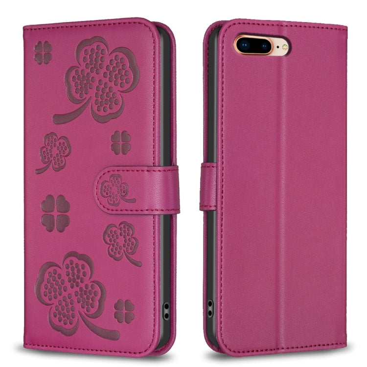 Four-leaf Embossed Leather Phone Case, For iPhone 7 Plus / 8 Plus For iPhone 7 Plus 8 Plus Rose Red