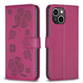 Four-leaf Embossed Leather Phone Case, For iPhone 14 Plus, For iPhone 14, For iPhone 14 Pro, For iPhone 14 Pro Max For iPhone 14 Plus Rose Red