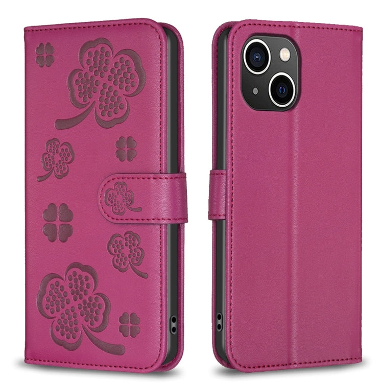 Four-leaf Embossed Leather Phone Case, For iPhone 14 Plus, For iPhone 14, For iPhone 14 Pro, For iPhone 14 Pro Max For iPhone 14 Plus Rose Red