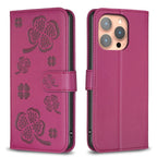 Four-leaf Embossed Leather Phone Case, For iPhone 16 Pro Max, For iPhone 16 Pro, For iPhone 16 Plus, For iPhone 16 For iPhone 16 Pro Max Rose Red