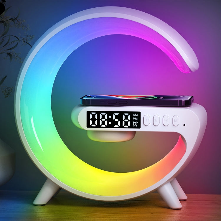 G69 G Shape Smart Bluetooth Speaker Support Wireless Charger & Alarm Clock & Wake-up Light, G69 (Black), G69 (White) – Bluetooth, Wireless Charging, TPU G69 (White) White