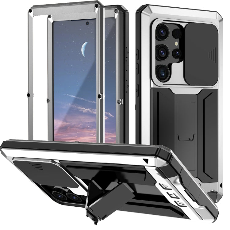 Sliding Camera Life Waterproof Holder Phone Case – Waterproof, Kickstand, Tempered Glass, For Samsung Galaxy S25 Ultra 5G, For Samsung Galaxy S24 Ultra 5G, For Samsung Galaxy S24+ 5G, For Samsung Galaxy S24 5G For Samsung Galaxy S24 Ultra 5G Silver