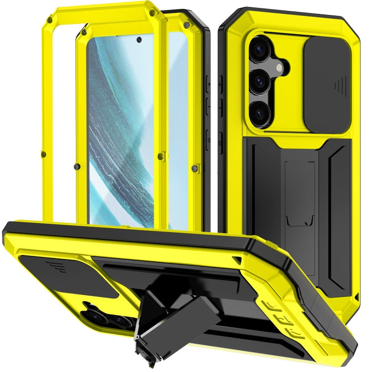 Sliding Camera Life Waterproof Holder Phone Case – Waterproof, Kickstand, Tempered Glass, For Samsung Galaxy S25 Ultra 5G, For Samsung Galaxy S24 Ultra 5G, For Samsung Galaxy S24+ 5G, For Samsung Galaxy S24 5G For Samsung Galaxy S24+ 5G Yellow