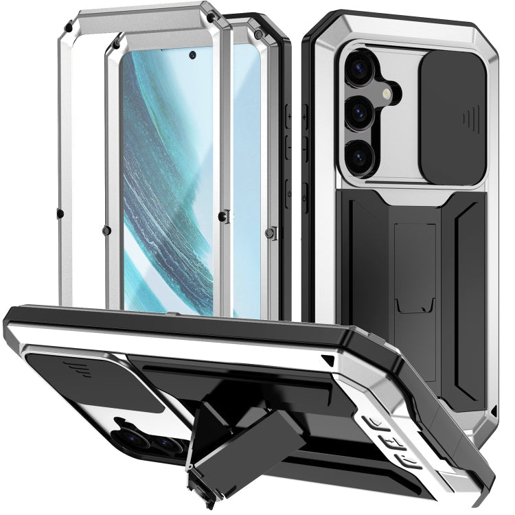 Sliding Camera Life Waterproof Holder Phone Case – Waterproof, Kickstand, Tempered Glass, For Samsung Galaxy S25 Ultra 5G, For Samsung Galaxy S24 Ultra 5G, For Samsung Galaxy S24+ 5G, For Samsung Galaxy S24 5G For Samsung Galaxy S24+ 5G Silver