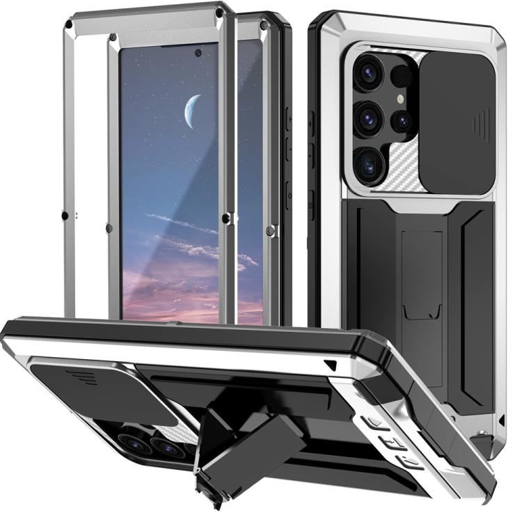 Sliding Camera Life Waterproof Holder Phone Case – Waterproof, Kickstand, Tempered Glass, For Samsung Galaxy S25 Ultra 5G, For Samsung Galaxy S24 Ultra 5G, For Samsung Galaxy S24+ 5G, For Samsung Galaxy S24 5G For Samsung Galaxy S25 Ultra 5G Silver