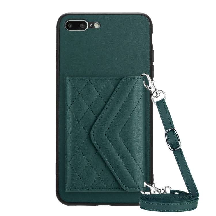 Rhombic Texture Card Bag RFID Phone Case with Long Lanyard – Lanyard, Leather, TPU, For iPhone XS / X, For iPhone XR, For iPhone XS Max, For iPhone 8 Plus / 7 Plus For iPhone 8 Plus 7 Plus Green