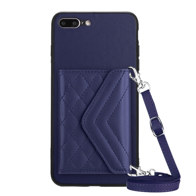 Rhombic Texture Card Bag RFID Phone Case with Long Lanyard – Lanyard, Leather, TPU, For iPhone XS / X, For iPhone XR, For iPhone XS Max, For iPhone 8 Plus / 7 Plus For iPhone 8 Plus 7 Plus Blue