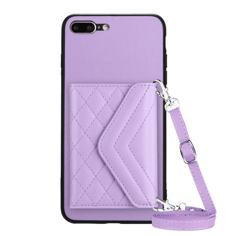 Rhombic Texture Card Bag RFID Phone Case with Long Lanyard – Lanyard, Leather, TPU, For iPhone XS / X, For iPhone XR, For iPhone XS Max, For iPhone 8 Plus / 7 Plus For iPhone 8 Plus 7 Plus Light Purple