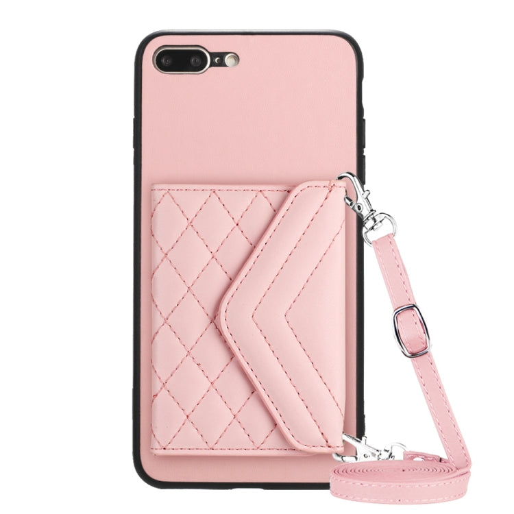 Rhombic Texture Card Bag RFID Phone Case with Long Lanyard – Lanyard, Leather, TPU, For iPhone XS / X, For iPhone XR, For iPhone XS Max, For iPhone 8 Plus / 7 Plus For iPhone 8 Plus 7 Plus Rose Gold