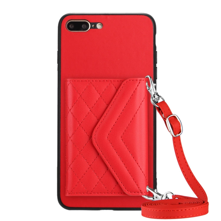 Rhombic Texture Card Bag RFID Phone Case with Long Lanyard – Lanyard, Leather, TPU, For iPhone XS / X, For iPhone XR, For iPhone XS Max, For iPhone 8 Plus / 7 Plus For iPhone 8 Plus 7 Plus Red