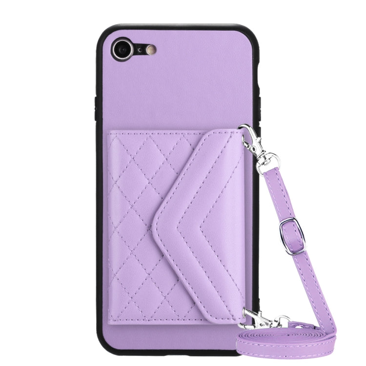 Rhombic Texture Card Bag RFID Phone Case with Long Lanyard – Lanyard, Leather, TPU, For iPhone SE 2022 / SE 2020, For iPhone 13 Pro Max, For iPhone 13 Pro, For iPhone 13 For iPhone SE 2022 SE 2020 Light Purple