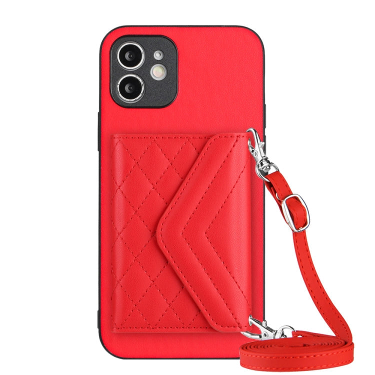 Rhombic Texture Card Bag RFID Phone Case with Long Lanyard – Lanyard, Leather, TPU, For iPhone 12 mini, For iPhone 11 Pro Max, For iPhone 11, For iPhone 11 Pro For iPhone 11 Red