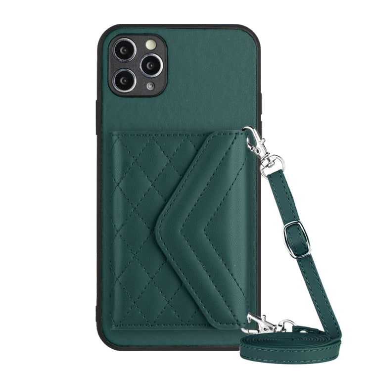 Rhombic Texture Card Bag RFID Phone Case with Long Lanyard – Lanyard, Leather, TPU, For iPhone 12 mini, For iPhone 11 Pro Max, For iPhone 11, For iPhone 11 Pro For iPhone 11 Pro Green
