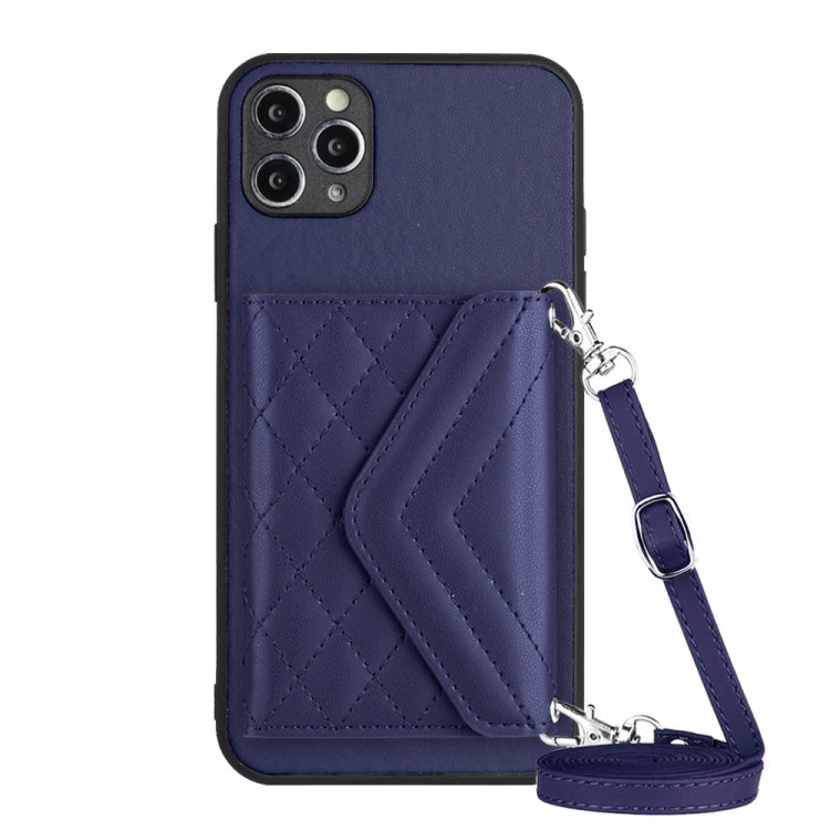 Rhombic Texture Card Bag RFID Phone Case with Long Lanyard – Lanyard, Leather, TPU, For iPhone 12 mini, For iPhone 11 Pro Max, For iPhone 11, For iPhone 11 Pro For iPhone 11 Pro Blue