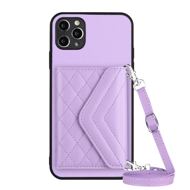 Rhombic Texture Card Bag RFID Phone Case with Long Lanyard – Lanyard, Leather, TPU, For iPhone 12 mini, For iPhone 11 Pro Max, For iPhone 11, For iPhone 11 Pro For iPhone 11 Pro Light Purple