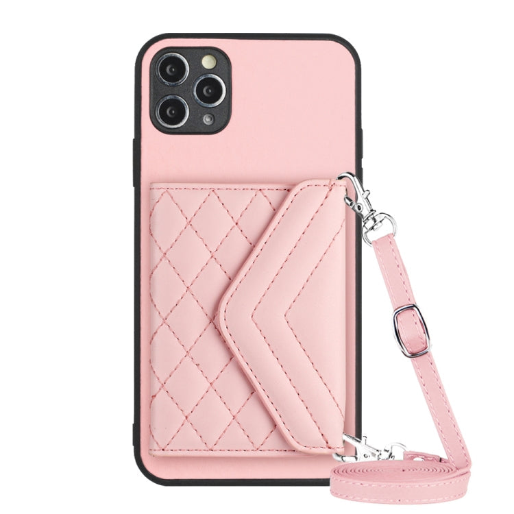 Rhombic Texture Card Bag RFID Phone Case with Long Lanyard – Lanyard, Leather, TPU, For iPhone 12 mini, For iPhone 11 Pro Max, For iPhone 11, For iPhone 11 Pro For iPhone 11 Pro Rose Gold