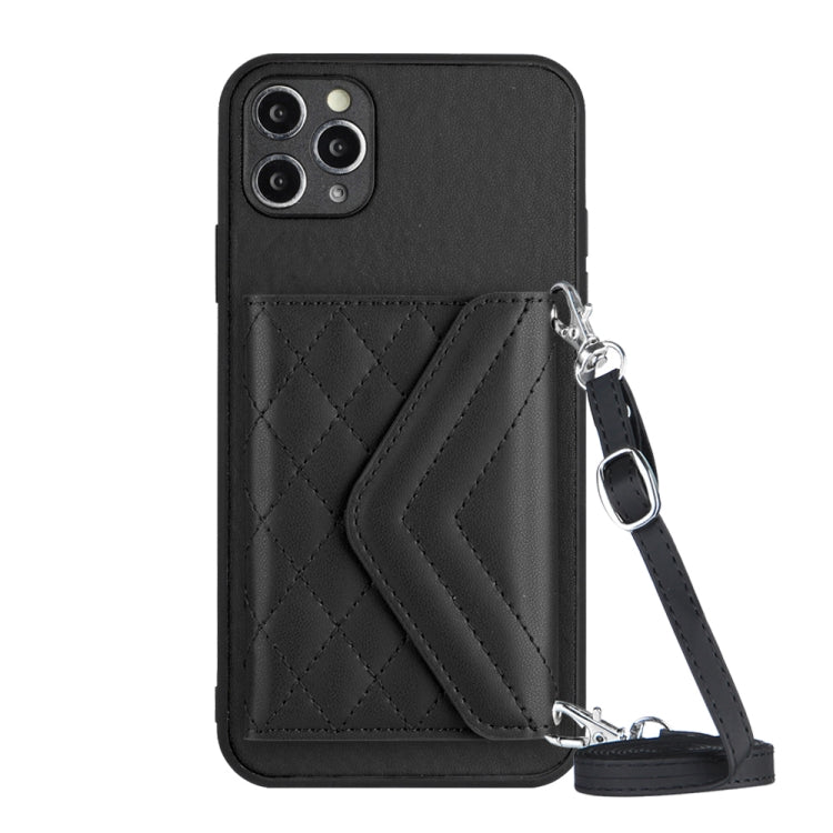 Rhombic Texture Card Bag RFID Phone Case with Long Lanyard – Lanyard, Leather, TPU, For iPhone 12 mini, For iPhone 11 Pro Max, For iPhone 11, For iPhone 11 Pro For iPhone 11 Pro Max Black
