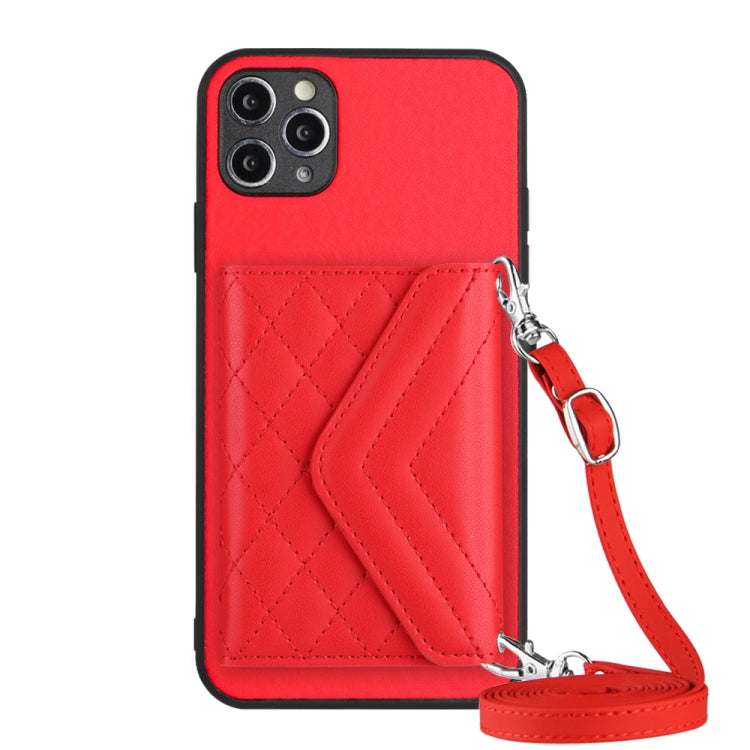 Rhombic Texture Card Bag RFID Phone Case with Long Lanyard – Lanyard, Leather, TPU, For iPhone 12 mini, For iPhone 11 Pro Max, For iPhone 11, For iPhone 11 Pro For iPhone 11 Pro Max Red