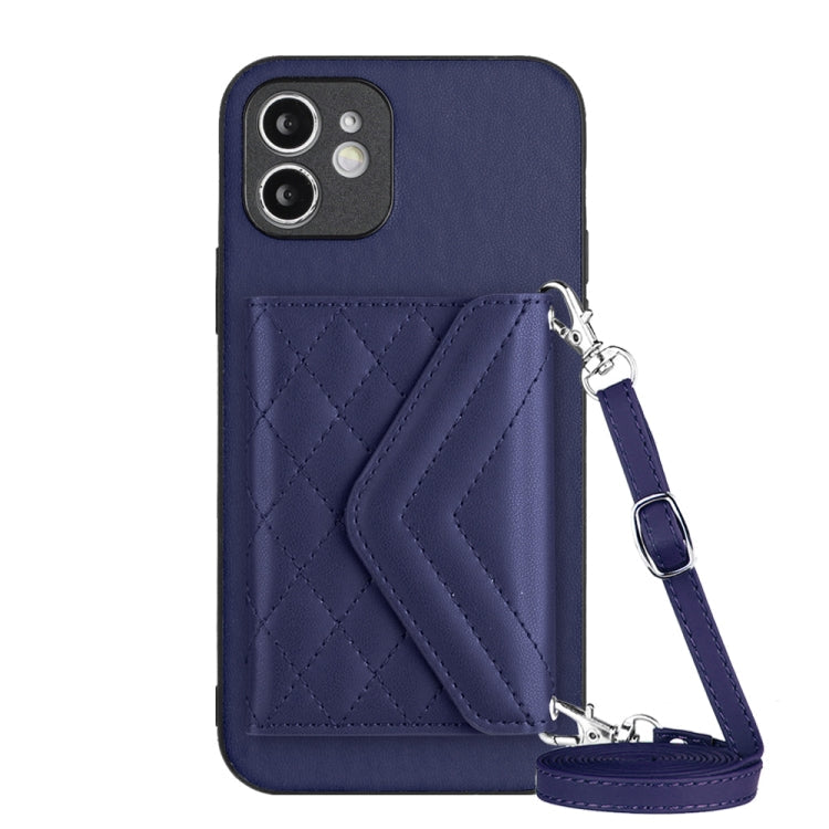 Rhombic Texture Card Bag RFID Phone Case with Long Lanyard – Lanyard, Leather, TPU, For iPhone 13 mini, For iPhone 12, For iPhone 12 Pro Max, For iPhone 12 Pro For iPhone 12 Blue