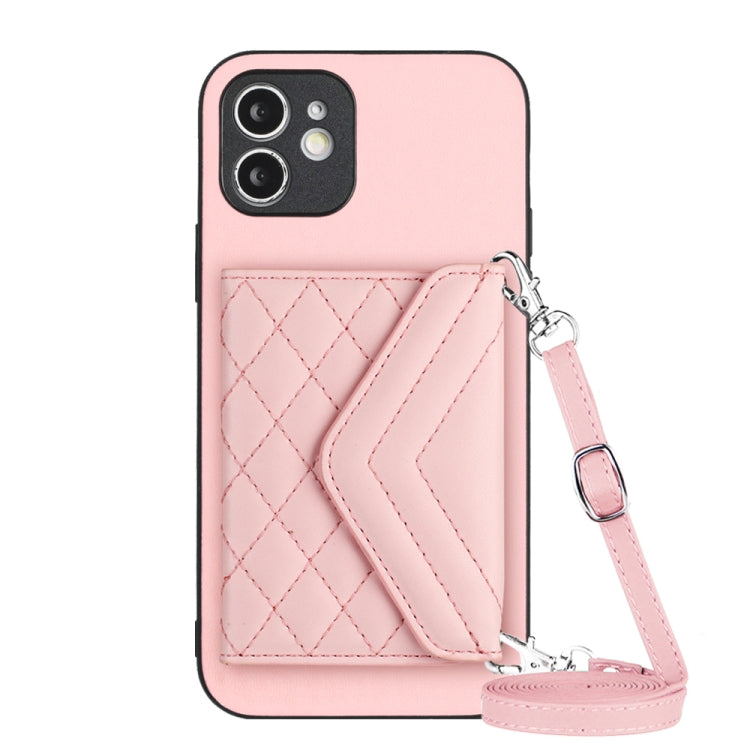 Rhombic Texture Card Bag RFID Phone Case with Long Lanyard – Lanyard, Leather, TPU, For iPhone 13 mini, For iPhone 12, For iPhone 12 Pro Max, For iPhone 12 Pro For iPhone 12 Rose Gold