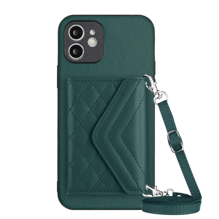 Rhombic Texture Card Bag RFID Phone Case with Long Lanyard, For iPhone 12 mini, For iPhone 11 Pro Max, For iPhone 11, For iPhone 11 Pro For iPhone 12 mini Green