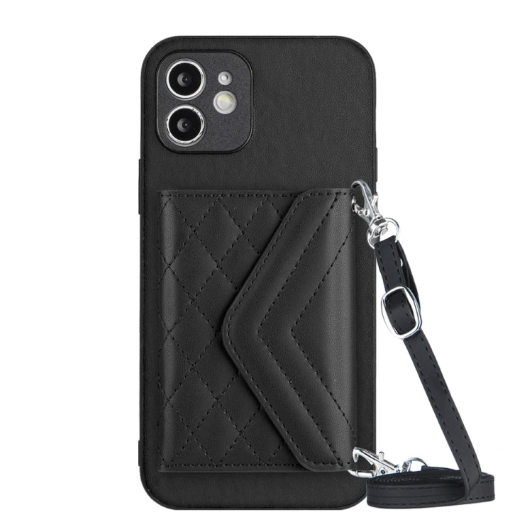 Rhombic Texture Card Bag RFID Phone Case with Long Lanyard – Lanyard, Leather, TPU, For iPhone 12 mini, For iPhone 11 Pro Max, For iPhone 11, For iPhone 11 Pro For iPhone 12 mini Black