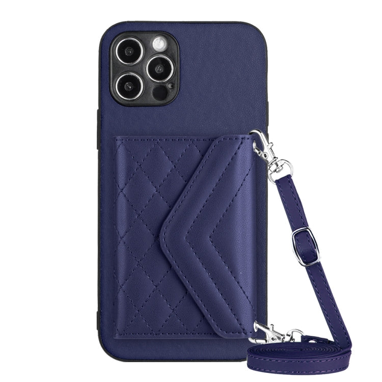 Rhombic Texture Card Bag RFID Phone Case with Long Lanyard – Lanyard, Leather, TPU, For iPhone 13 mini, For iPhone 12, For iPhone 12 Pro Max, For iPhone 12 Pro For iPhone 12 Pro Blue