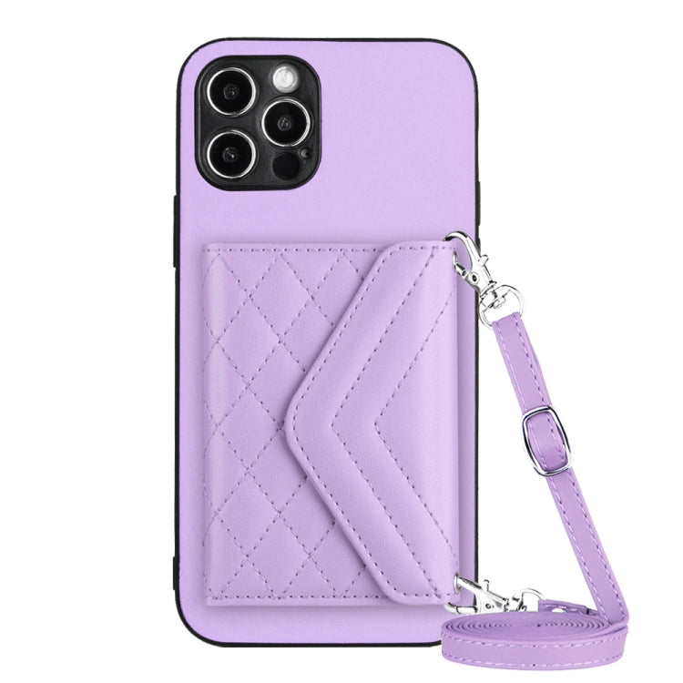 Rhombic Texture Card Bag RFID Phone Case with Long Lanyard – Lanyard, Leather, TPU, For iPhone 13 mini, For iPhone 12, For iPhone 12 Pro Max, For iPhone 12 Pro For iPhone 12 Pro Light Purple