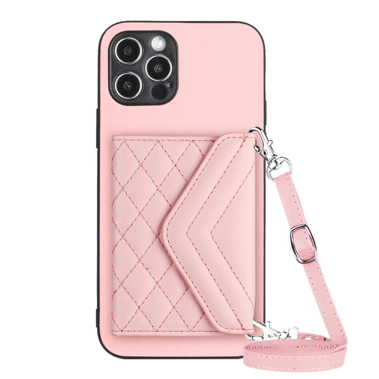 Rhombic Texture Card Bag RFID Phone Case with Long Lanyard – Lanyard, Leather, TPU, For iPhone 13 mini, For iPhone 12, For iPhone 12 Pro Max, For iPhone 12 Pro For iPhone 12 Pro Rose Gold