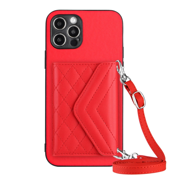 Rhombic Texture Card Bag RFID Phone Case with Long Lanyard – Lanyard, Leather, TPU, For iPhone 13 mini, For iPhone 12, For iPhone 12 Pro Max, For iPhone 12 Pro For iPhone 12 Pro Red