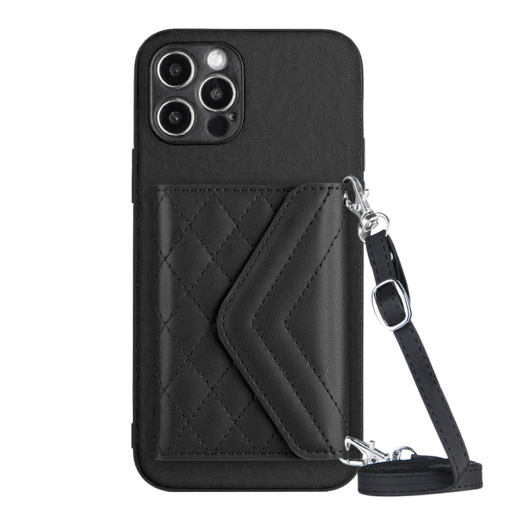 Rhombic Texture Card Bag RFID Phone Case with Long Lanyard – Lanyard, Leather, TPU, For iPhone 13 mini, For iPhone 12, For iPhone 12 Pro Max, For iPhone 12 Pro For iPhone 12 Pro Max Black