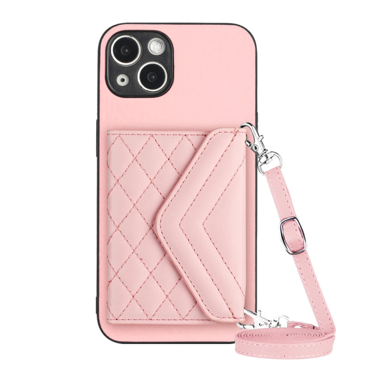 Rhombic Texture Card Bag RFID Phone Case with Long Lanyard – Lanyard, Leather, TPU, For iPhone 13 mini, For iPhone 12, For iPhone 12 Pro Max, For iPhone 12 Pro For iPhone 13 mini Rose Gold