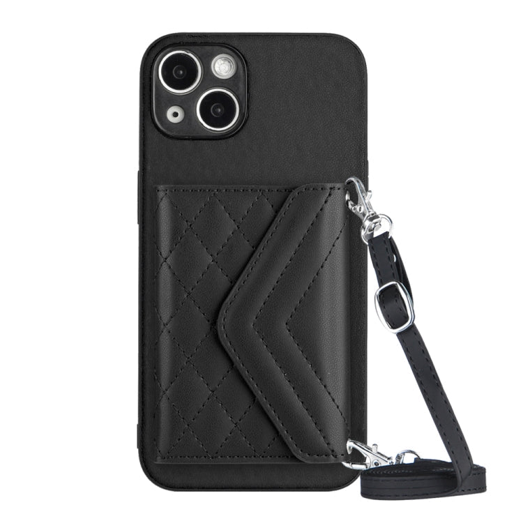 Rhombic Texture Card Bag RFID Phone Case with Long Lanyard – Lanyard, Leather, TPU, For iPhone 13 mini, For iPhone 12, For iPhone 12 Pro Max, For iPhone 12 Pro For iPhone 13 mini Black