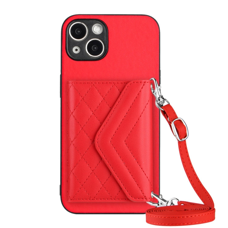 Rhombic Texture Card Bag RFID Phone Case with Long Lanyard – Lanyard, Leather, TPU, For iPhone 13 mini, For iPhone 12, For iPhone 12 Pro Max, For iPhone 12 Pro For iPhone 13 mini Red