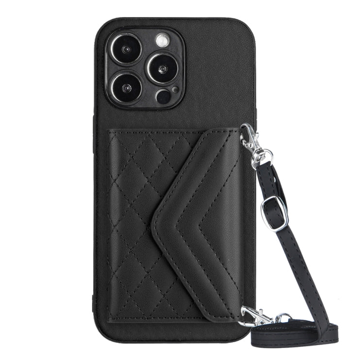 Rhombic Texture Card Bag RFID Phone Case with Long Lanyard – Lanyard, Leather, TPU, For iPhone SE 2022 / SE 2020, For iPhone 13 Pro Max, For iPhone 13 Pro, For iPhone 13 For iPhone 13 Pro Max Black