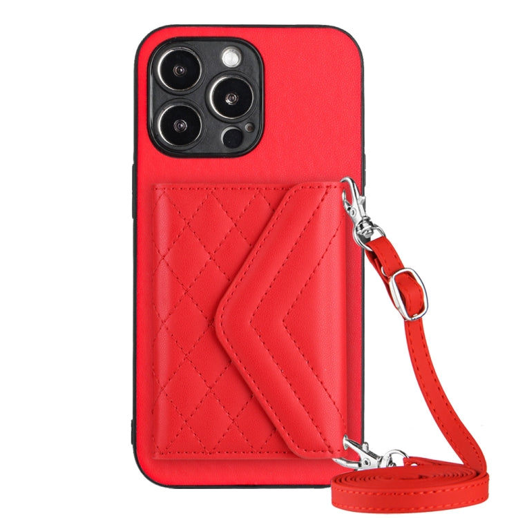 Rhombic Texture Card Bag RFID Phone Case with Long Lanyard – Lanyard, Leather, TPU, For iPhone SE 2022 / SE 2020, For iPhone 13 Pro Max, For iPhone 13 Pro, For iPhone 13 For iPhone 13 Pro Max Red