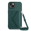 Rhombic Texture Card Bag RFID Phone Case with Long Lanyard, For iPhone 14 Plus, For iPhone 14, For iPhone 14 Pro, For iPhone 14 Pro Max For iPhone 14 Plus Green