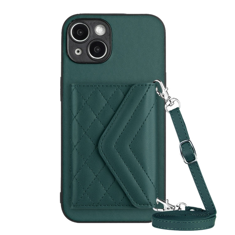 Rhombic Texture Card Bag RFID Phone Case with Long Lanyard, For iPhone 14 Plus, For iPhone 14, For iPhone 14 Pro, For iPhone 14 Pro Max For iPhone 14 Plus Green