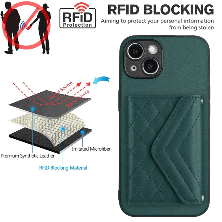 Rhombic Texture Card Bag RFID Phone Case with Long Lanyard, For iPhone 14 Plus, For iPhone 14, For iPhone 14 Pro, For iPhone 14 Pro Max