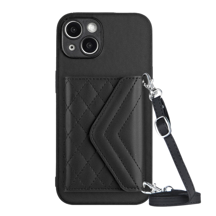 Rhombic Texture Card Bag RFID Phone Case with Long Lanyard – Lanyard, Leather, TPU, For iPhone 14 Plus, For iPhone 14, For iPhone 14 Pro, For iPhone 14 Pro Max For iPhone 14 Plus Black
