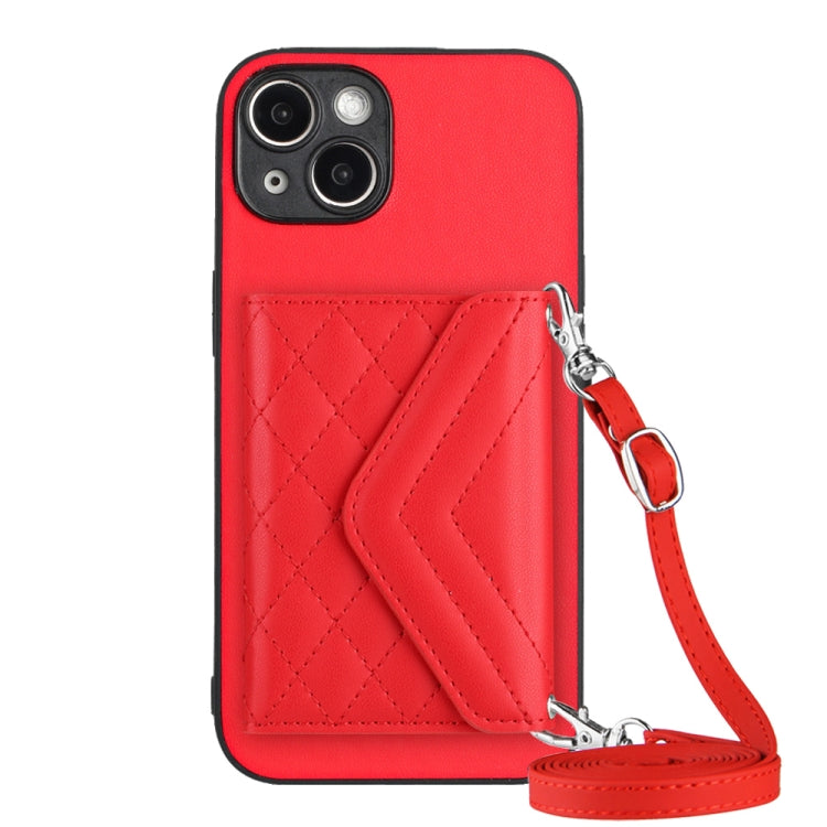 Rhombic Texture Card Bag RFID Phone Case with Long Lanyard – Lanyard, Leather, TPU, For iPhone 14 Plus, For iPhone 14, For iPhone 14 Pro, For iPhone 14 Pro Max For iPhone 14 Plus Red