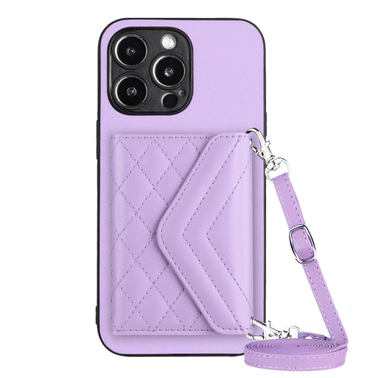 Rhombic Texture Card Bag RFID Phone Case with Long Lanyard – Lanyard, Leather, TPU, For iPhone 14 Plus, For iPhone 14, For iPhone 14 Pro, For iPhone 14 Pro Max For iPhone 14 Pro Light Purple